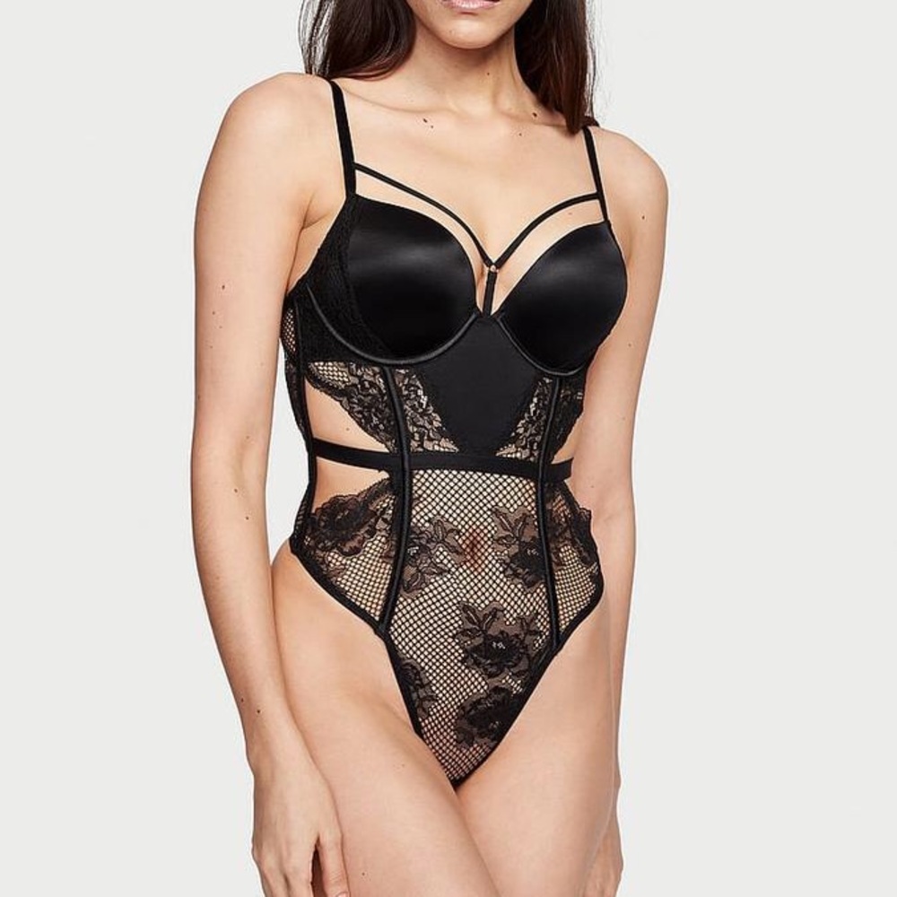 NWT Victoria’s Secret Pushup Teddy Fishnet Mesh Black XS Thong